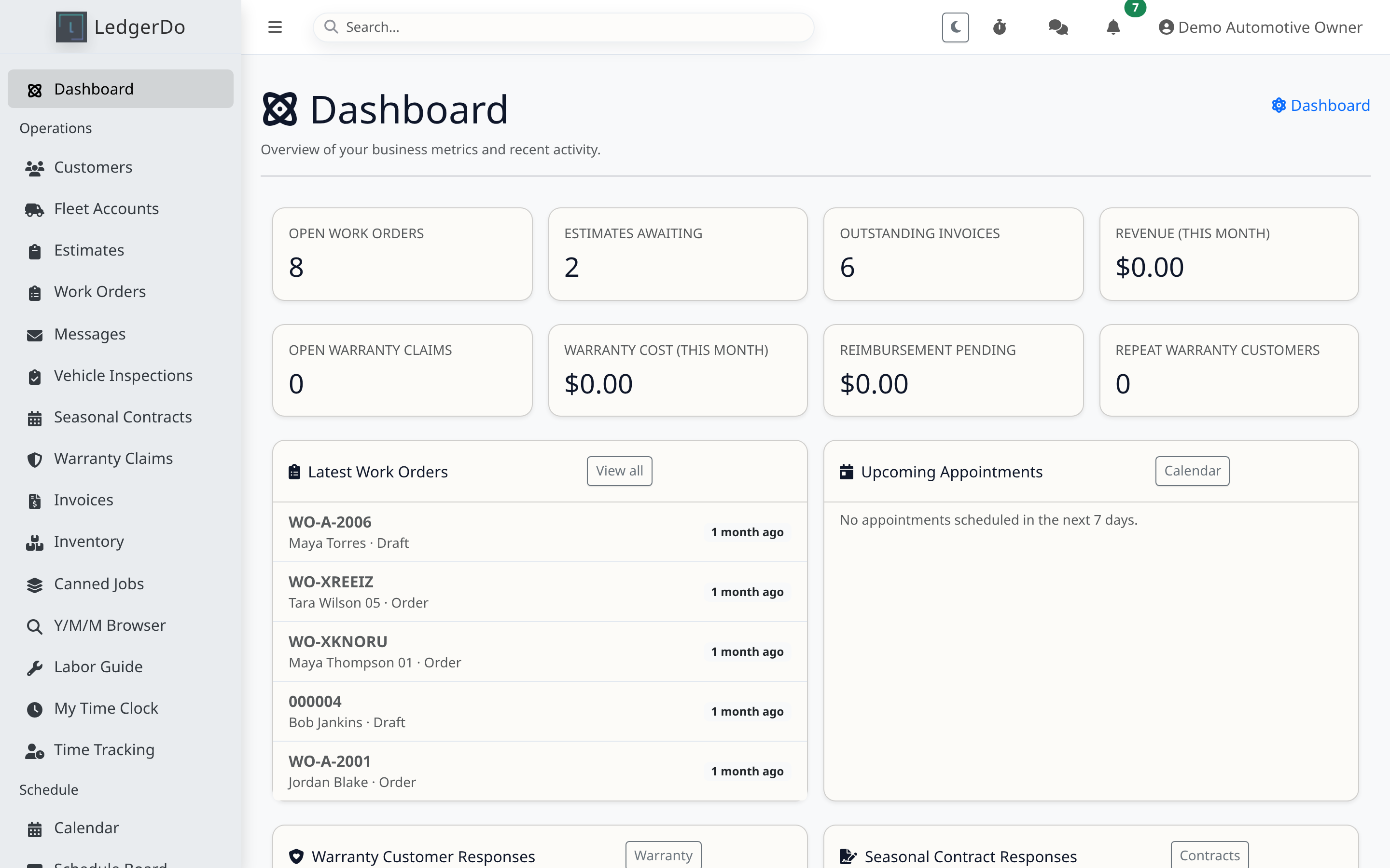 The LedgerDo dashboard showing scheduled work and recent activity