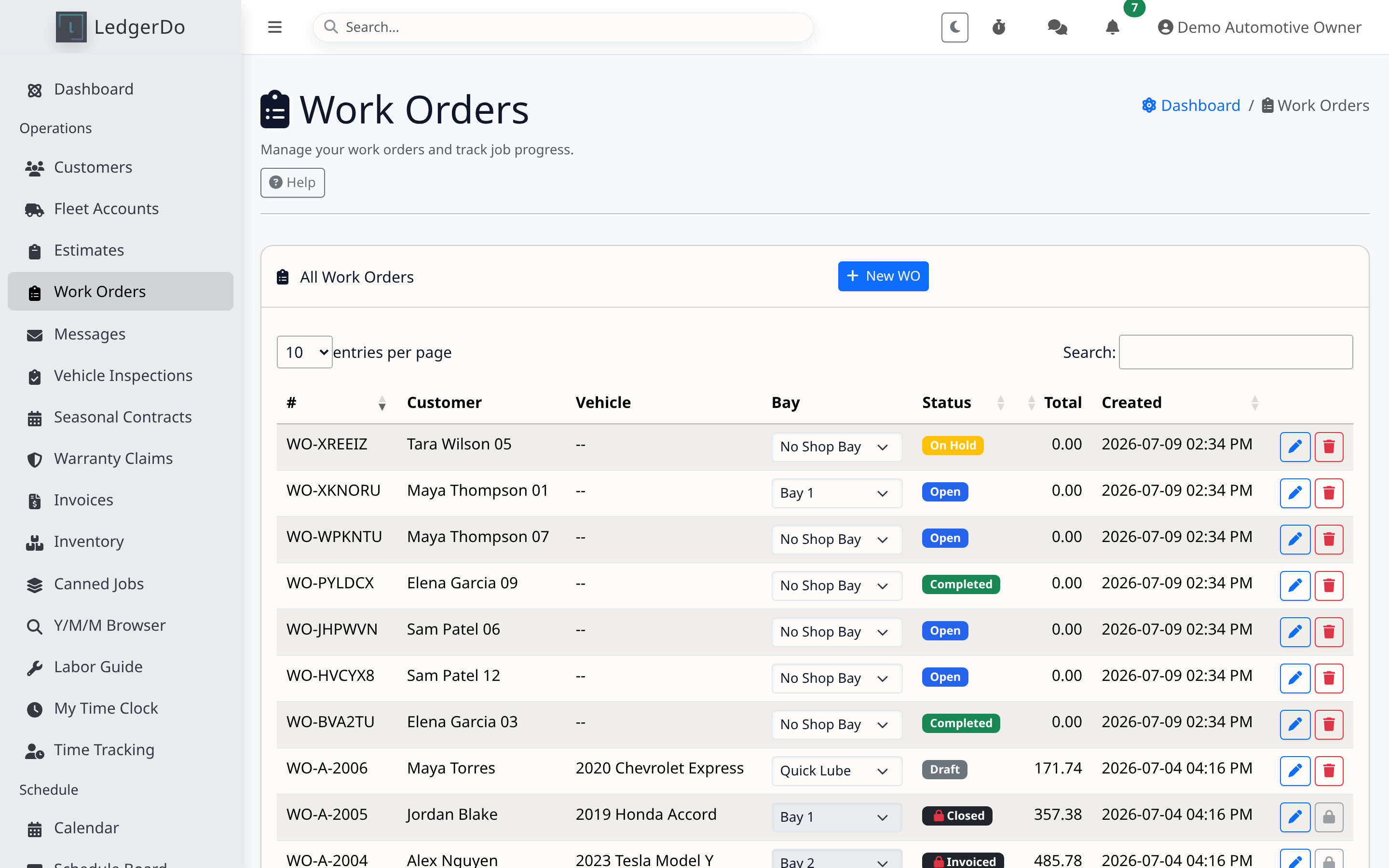 The Work Orders list with the create action
