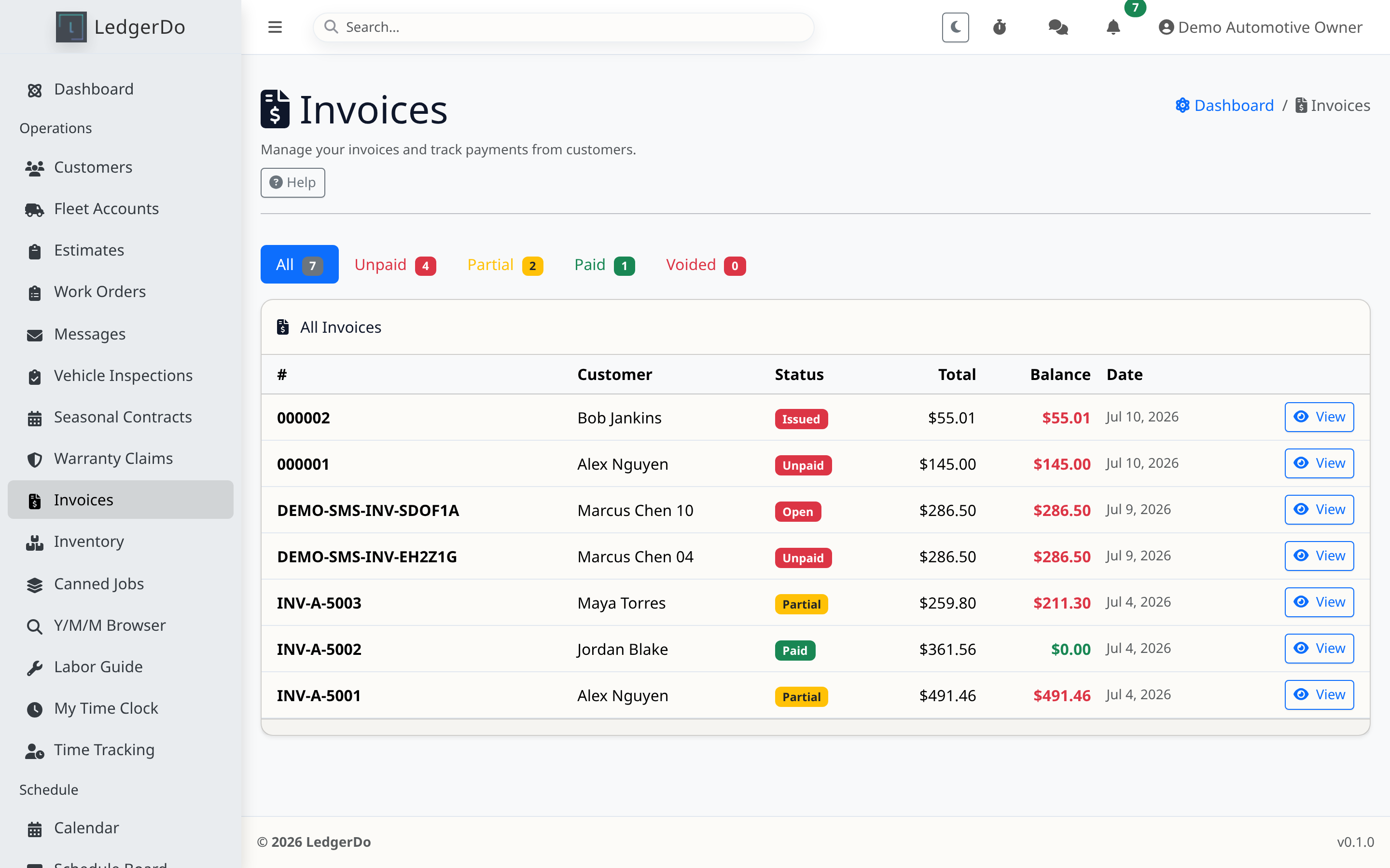 The Invoices list showing invoice status and balances