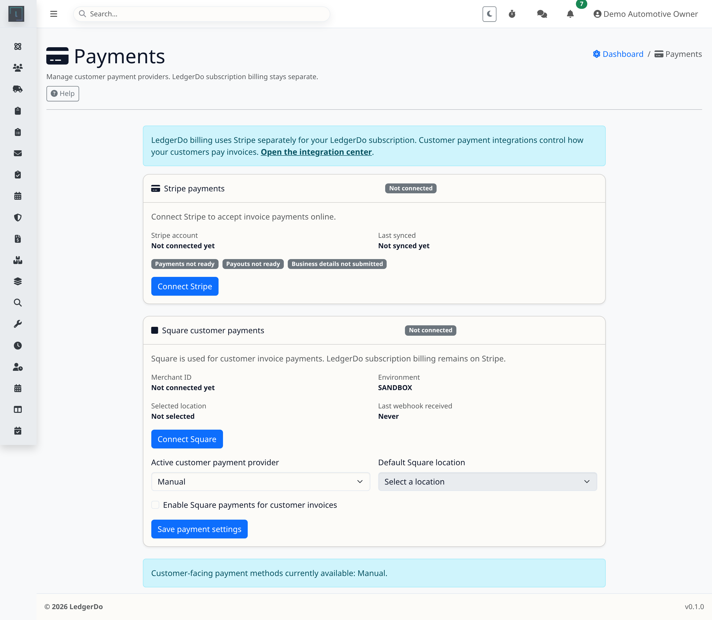 Payment provider settings for connecting Stripe or Square